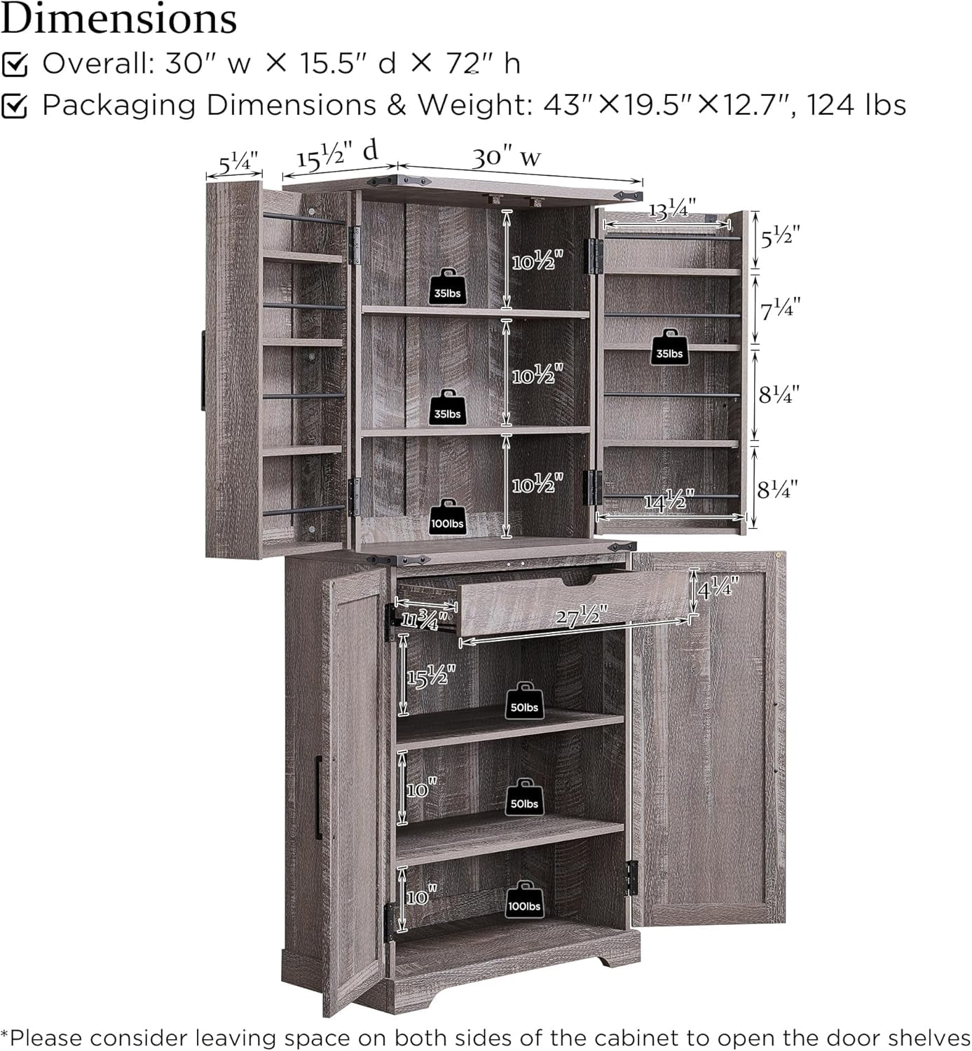 47" Kitchen Pantry, Farmhouse Storage Cabinet with Barn Doors, Organizer and Adjustable Shelves, Rustic Wood Cupboard for Kitchen, Dining Room, Bathroom and Hallway, Black - Image 26