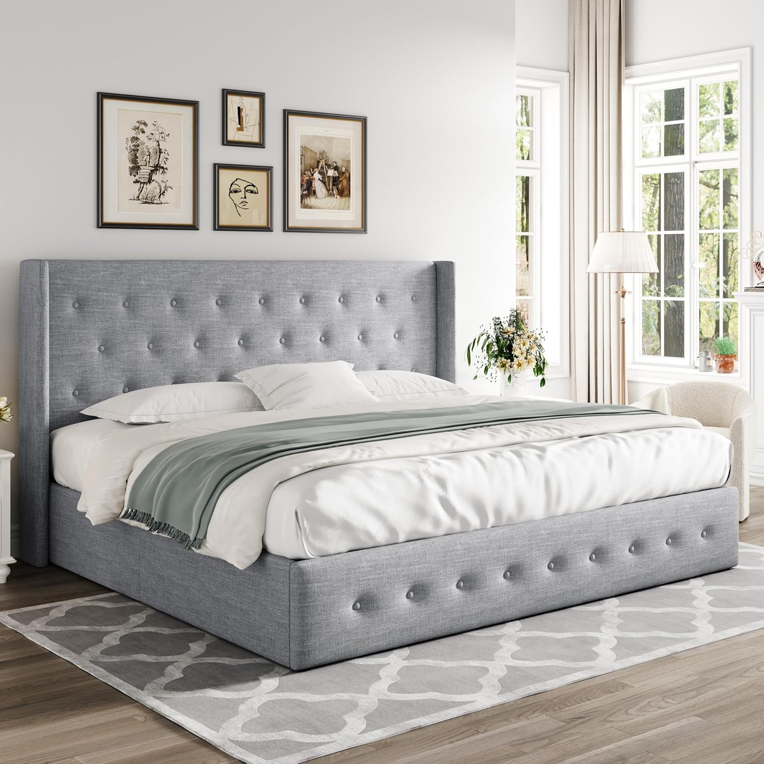 Queen Size Lift Up Storage Bed with Wingback Headboard, Upholstered Platform Bed Frame with Hidden Storage - Image 83