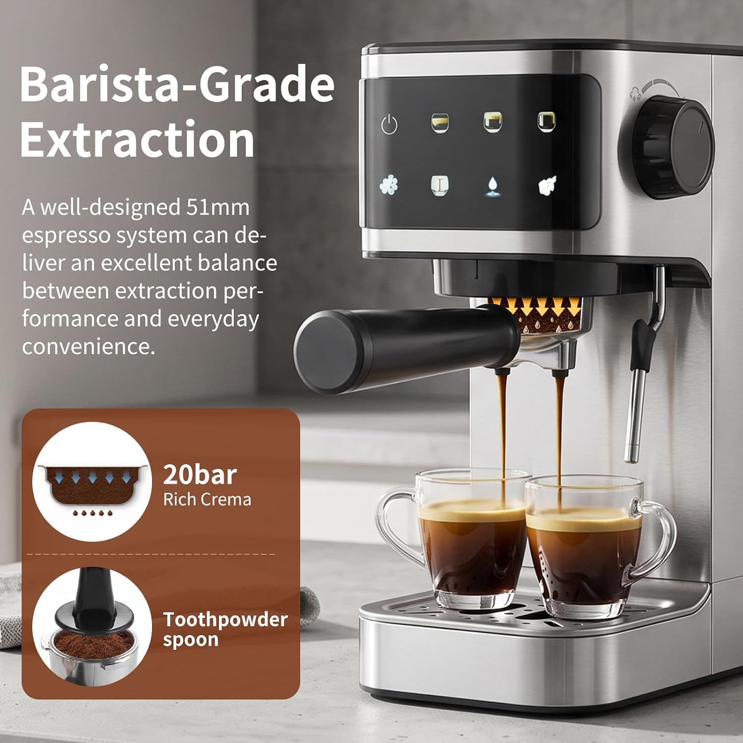 Espresso Machine 20 Bar, 1350W Instant Heating Coffee Maker with Stainless Steel Steam Wand & Touch Color Display, 6-in-1, 1.3L Removable Tank, Compact Stainless Steel - Image 4