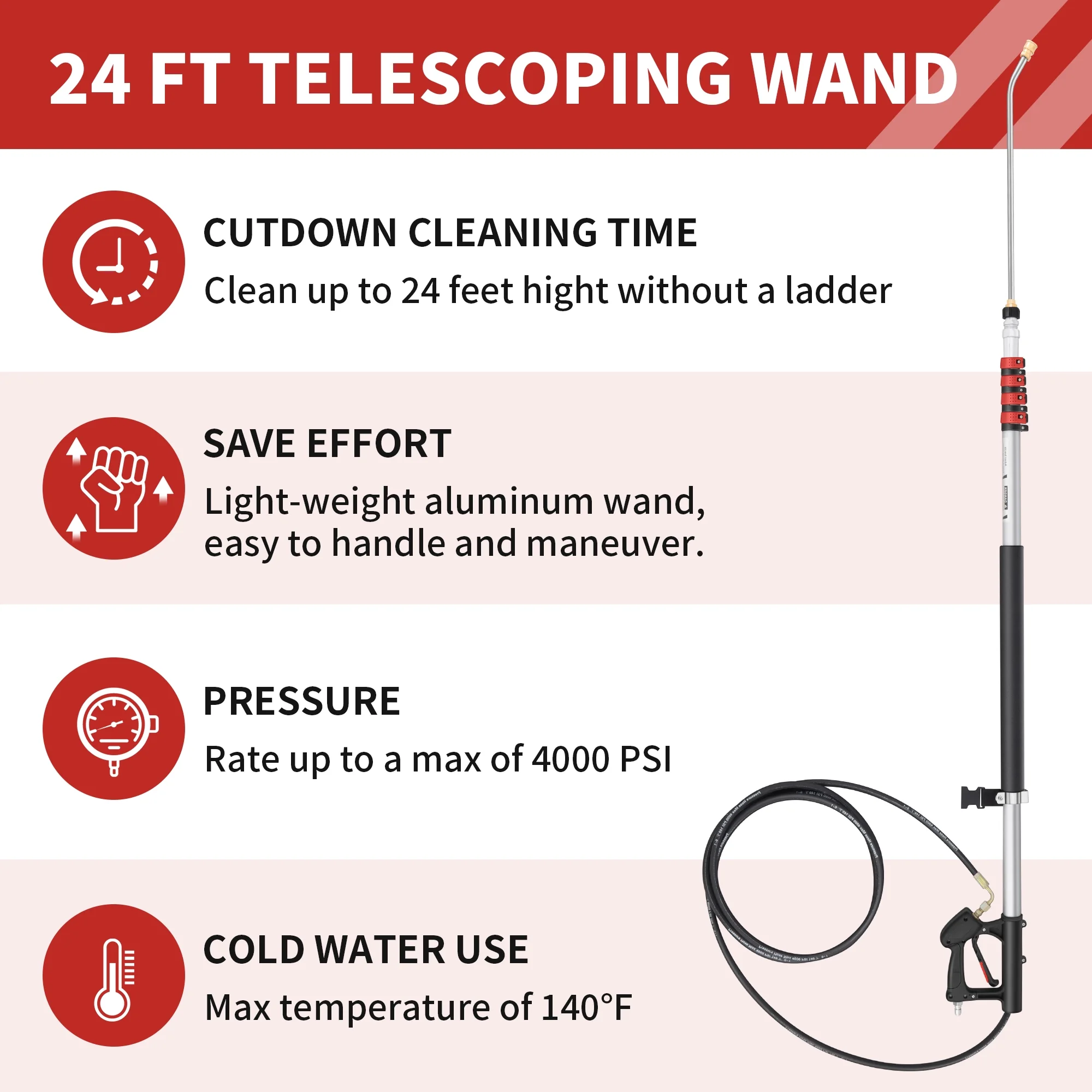24 FT Gutter Cleaning Tools from The Ground - Telescoping Pressure Washer Wand - Gutter Cleaner Attachment with Power Washer Extension Wands, Brush, 7 Spray Nozzle Tips, 2 Hose Adapters, Support Belt - Image 2