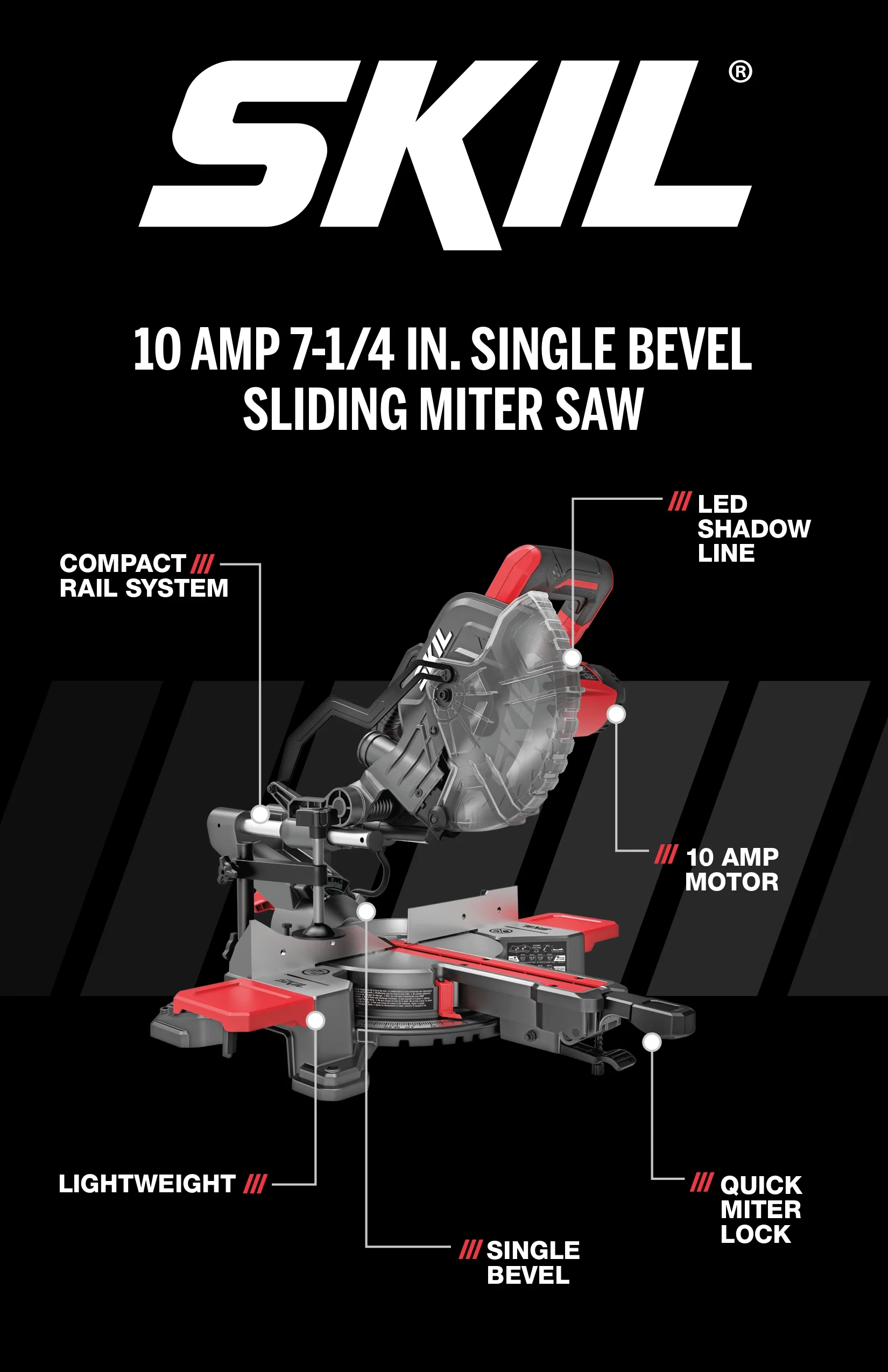 SKIL MS6316-00 10 Amp 7-1/4" Single Bevel Miter Saw with Compact Rail System & LED Shadow Line - Image 9