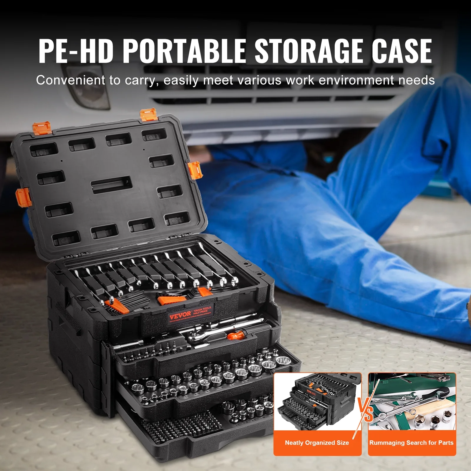 VEVOR Mechanics Tool Set and Socket Set, 1/4" 3/8" 1/2" Drive Deep and Standard Sockets, 450 Pcs SAE and Metric Mechanic Tool Kit with Bits, Hex Wrenches, Combination Wrench,Accessories,Storage Case - Image 6