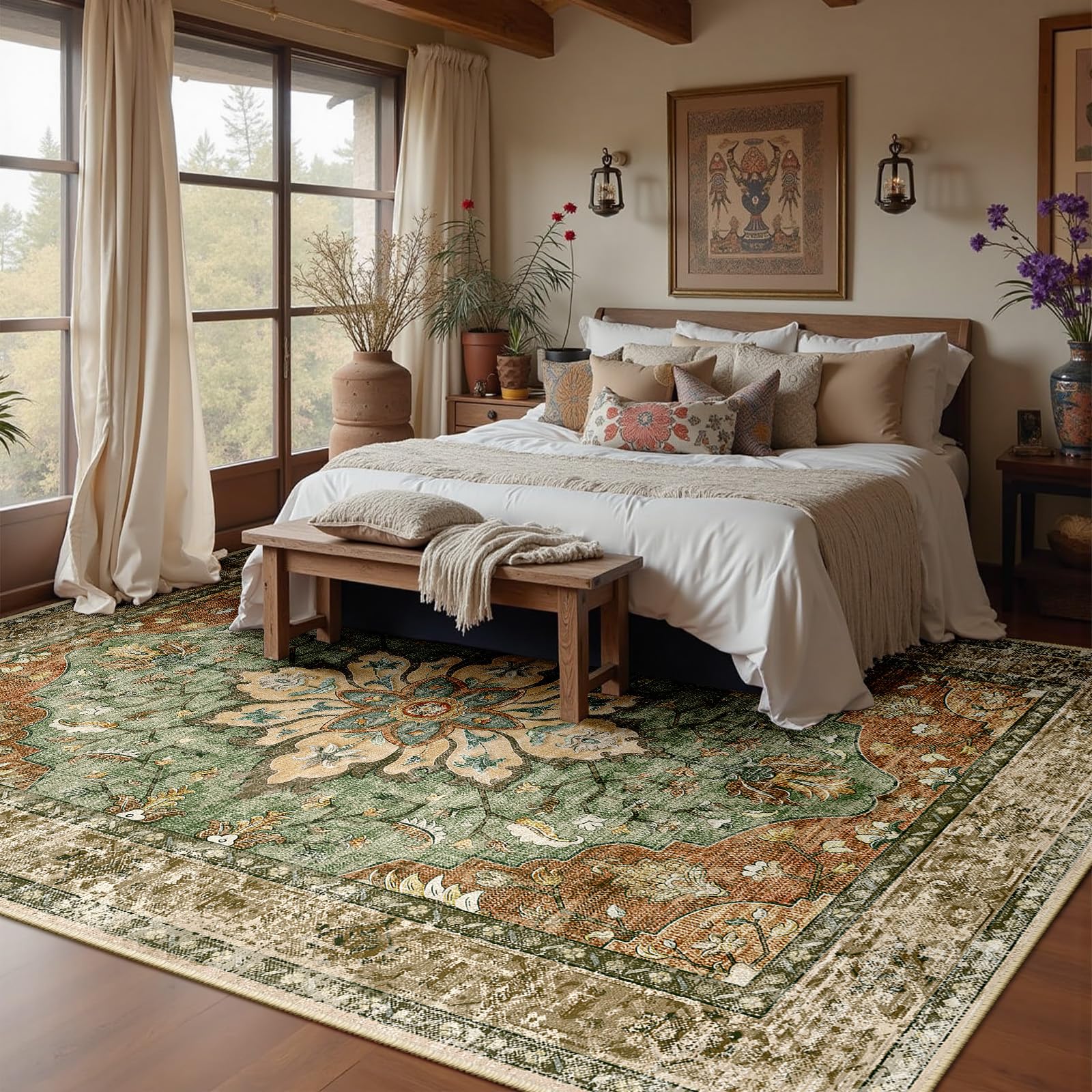 8x10 Washable Floral Medallion Area Rug, Non-Slip Decorative Floor Rug for Living Room, Bedroom and Home - Image 3